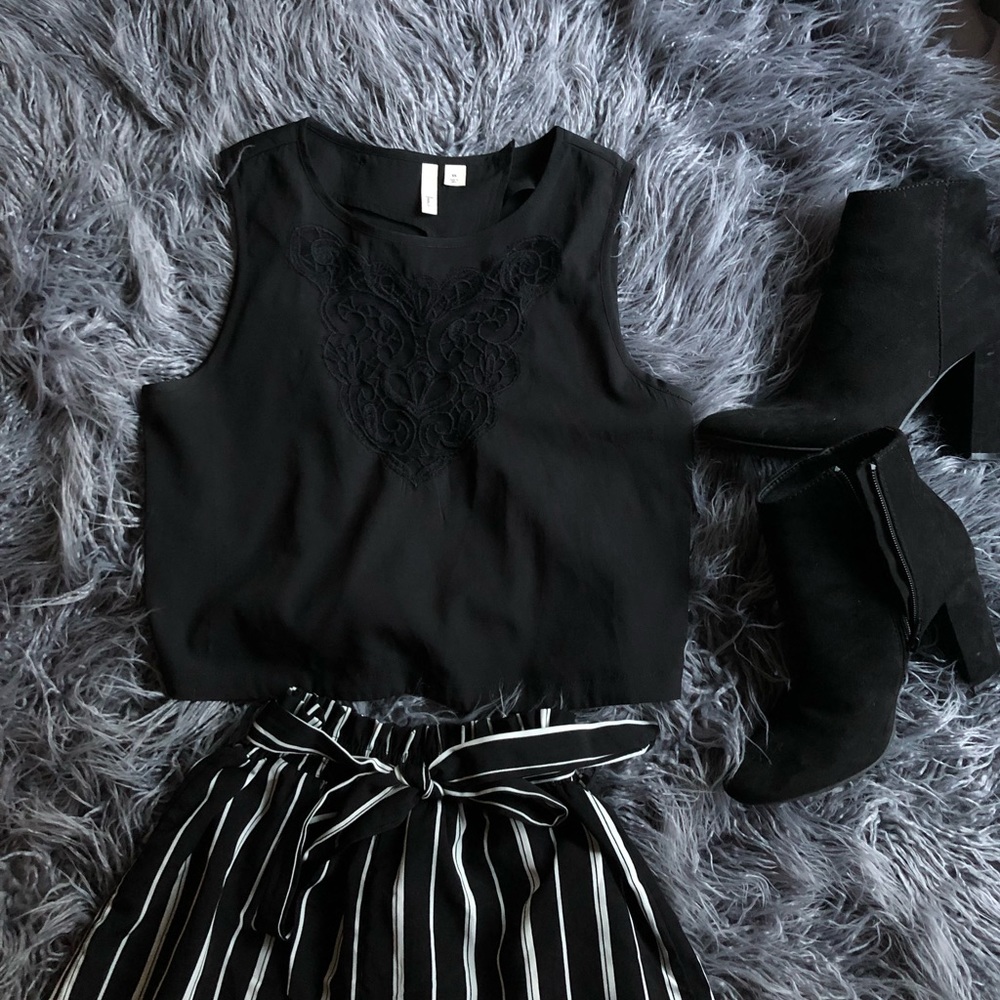 Sheer embroidered black structured crop top